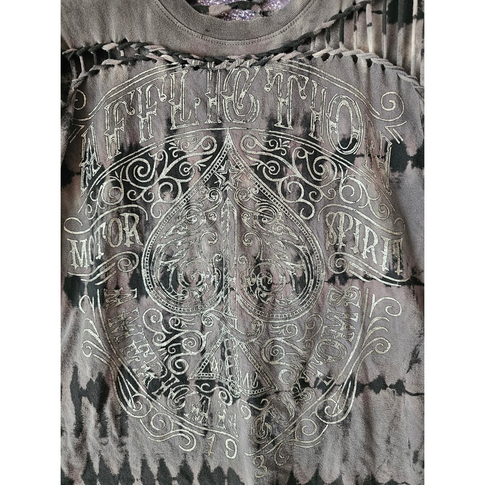 AFFLICTION Women Distressed Tie Dye Graphic‎ T Shirt Cut Out Ripped Gray L/XL - Picture 7 of 9